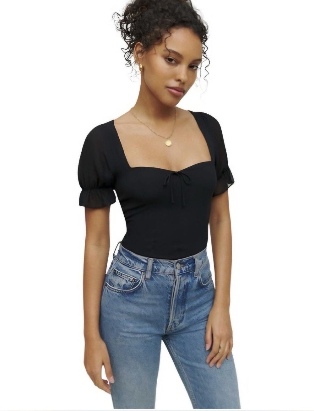 Reformation Delevan Puff Sleeve Crepe Top Black Women's Size 2